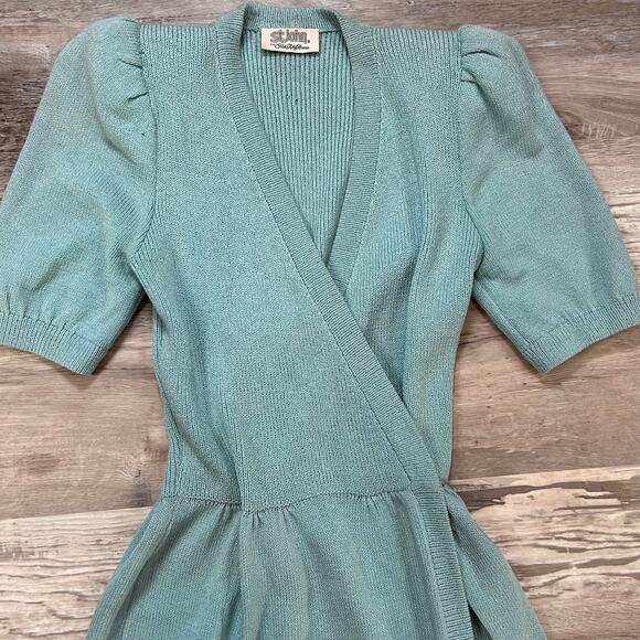Vintage St. John for Saks Fifth Avenue Knit Wrap Dress Puff Sleeve Blue- Small - Picture 2 of 11